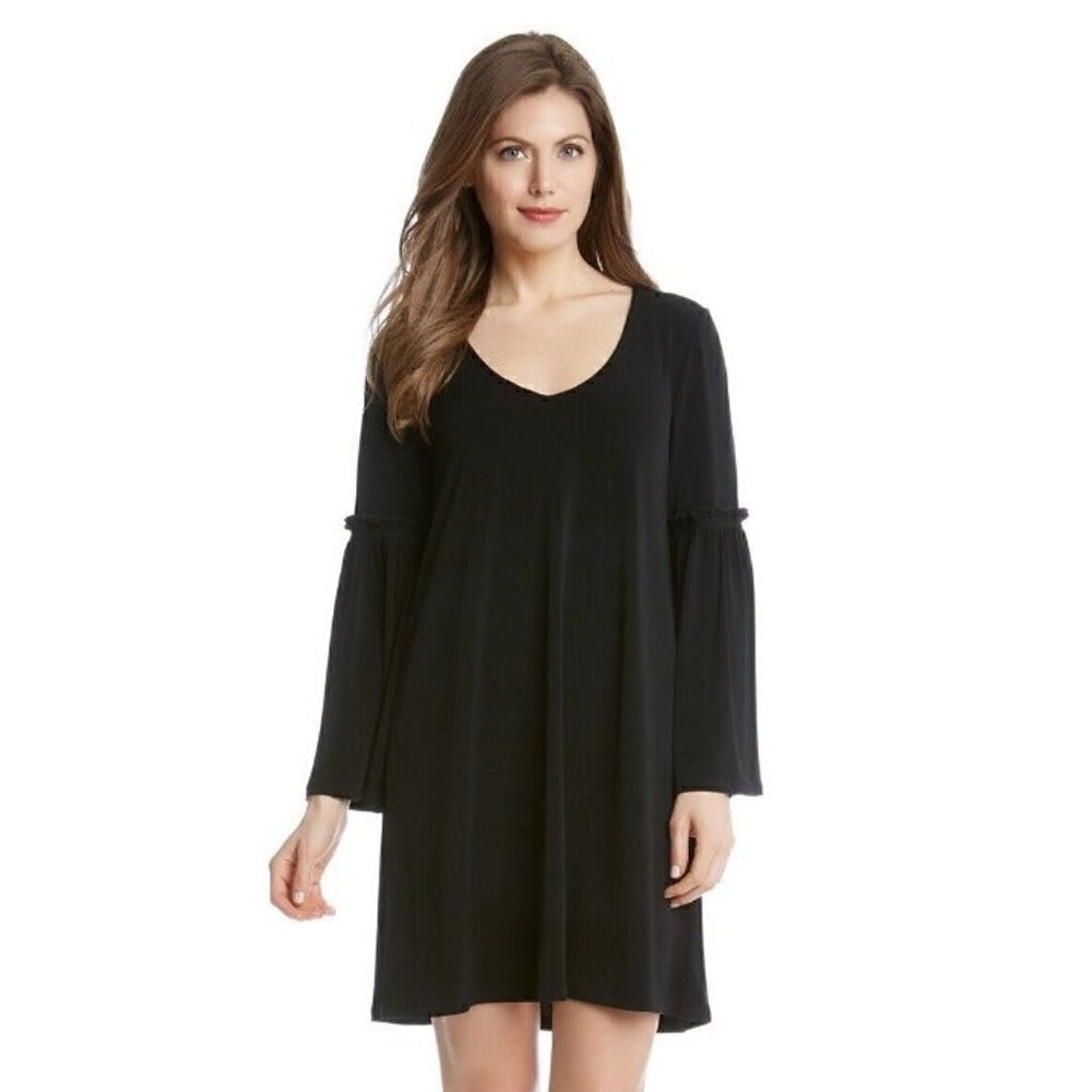 Karen Kane Womens Black Bell Sleeve Ruffle Trim V-Neck Shift Dress Size L‎